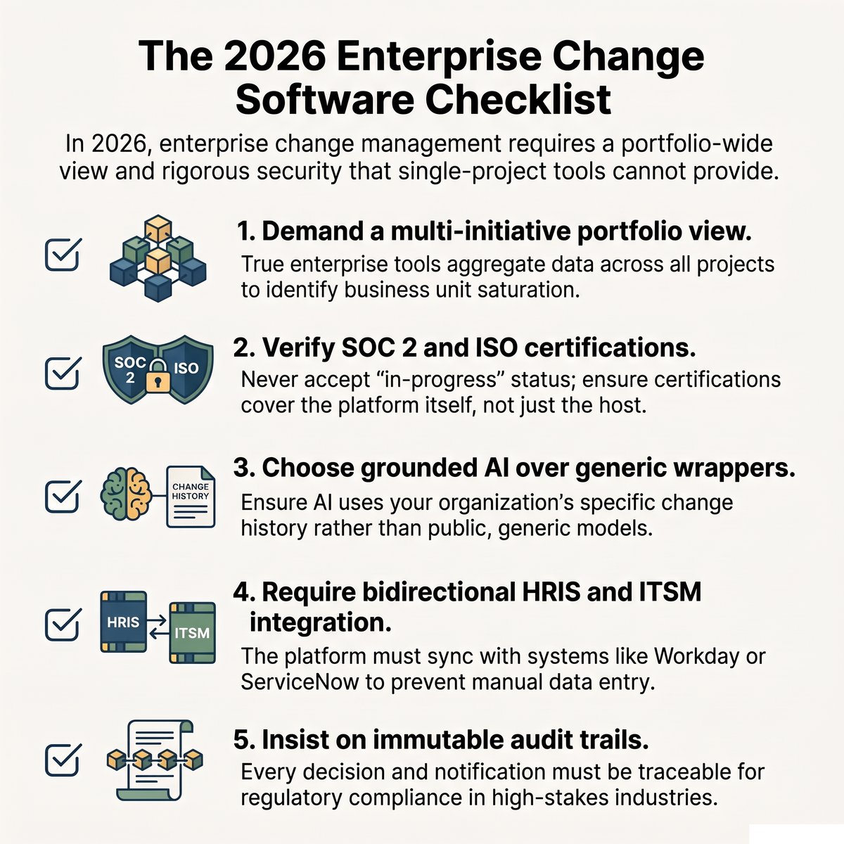 Enterprise change management software checklist infographic with five must-verify requirements for 2026